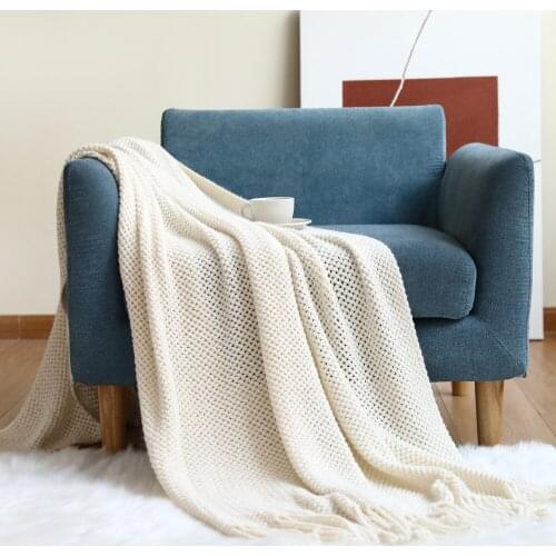 Knitted Blanket Solid Color Tassel Nordic Decorative Blanket for Sofa Bed Throw Chunky Knit Throw Warm for Home