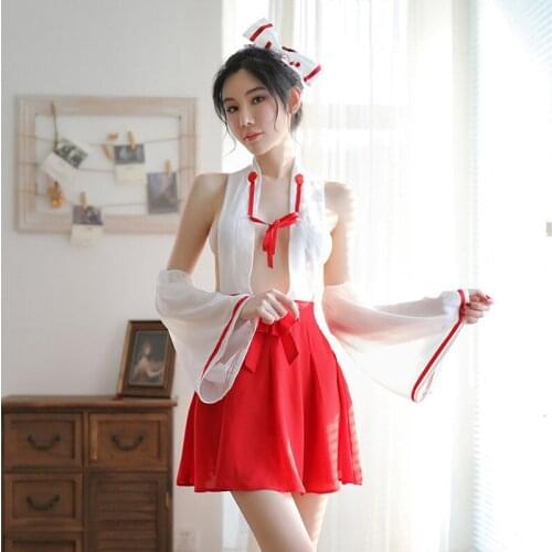 Japanese Miko Witch Kimono Sexy Underwear Temptation Uniform Costumes Backless Halter Secret Sleepwear Pajamas Set Uniform