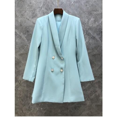 High Quality New Long Blazer Dress 2021 Autumn Winter Women Notched Collar Double Breasted Long Sleeve Blue Blazers Female