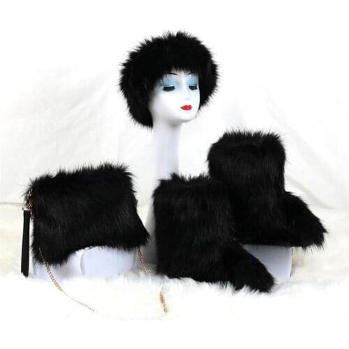 Winter Hot Popular Womens Outdoor Cotton Warm Snow Boots Lady Faux Fox Fur Ankle Boot Bag Headband Set 2021 Furry Snow Boots