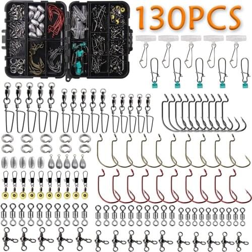 130Pcs/box Fishing hooks Kit with Casting Sinkers Fishing Swivels Snaps sinker Sliders Split Ring for fishing accessories