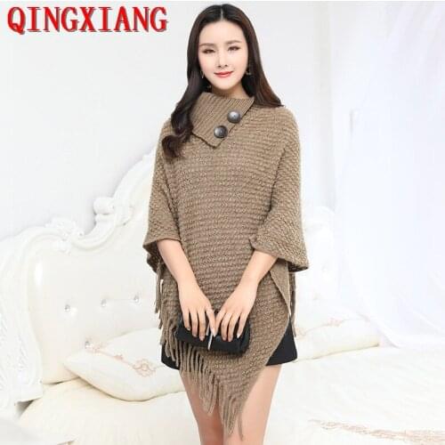 2021 Winter Big Pendulum Knitted Sweater Outstreet Triangle Tassel Pullover Women 6 Colors Turn-Down Collar Loose Poncho