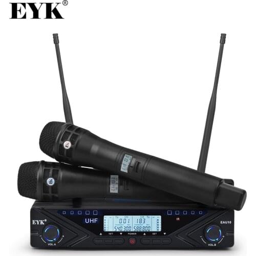 EYK EAU10 Adjustable UHF Wireless Microphone System Professional Karaoke Handheld Mic Stage 2*100 Channels Frequency 80M receive
