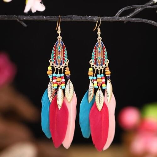 Bohemian Long Tassel Earrings for Women Dangle Drop Earrings Vintage Colorful Feather Seed Beads Jewelry Femme Party Gift
