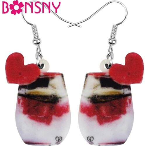 Bonsny Acrylic Valentines Day Love Strawberry Cup Drink Earrings Drop Dangle Jewelry For Women Girls Teen Charm Gift Accessory