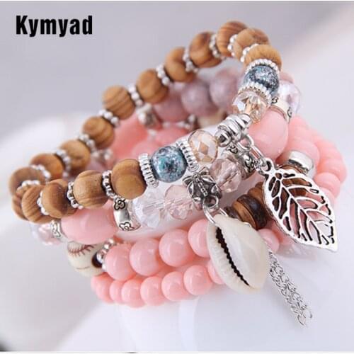 Kymyad Boho Beads Bracelets for Women Vintage Bracelet Femme Shell Natural Stone Charm Bracelet Bijoux Multilayer Bracelets Sets