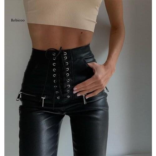 Black Faux Pu Leather Pencil Pants Lace Up High Waist Slim Skinny Streetwear Autumn Casual Trousers Women Hot Sale