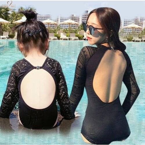 Black Baby Swimwear Halter Sunscreen Long Sleeved Lace Backless Bikini Swimsuit Mother Daughter Women Baby Girl Swimwear