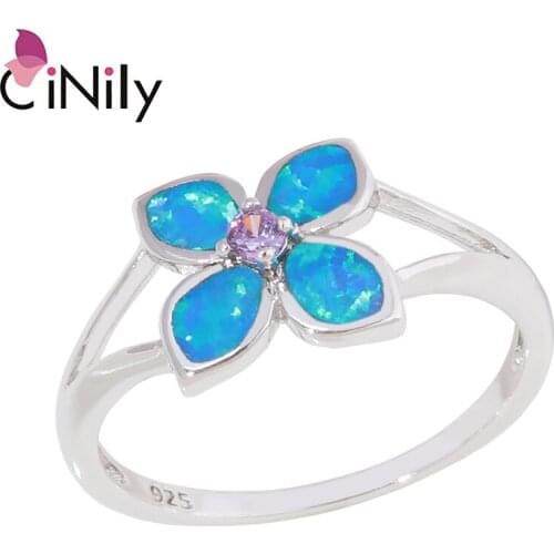 CiNily Blue & White Fire Opal Four Leaf Clover Rings With Stone Silver Plated Purple Orange Garnet Bohemia Boho Jewelry Woman
