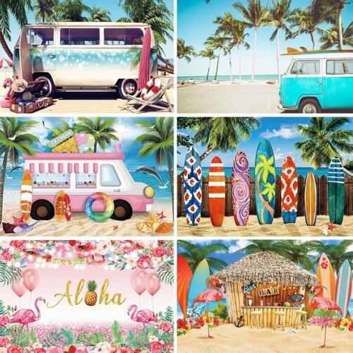 Laeacco Summer Backdrops Tropical Palms Trees Sea Beach Travel Bus Photography Backgrounds Birthday Photophone For Photo Studio