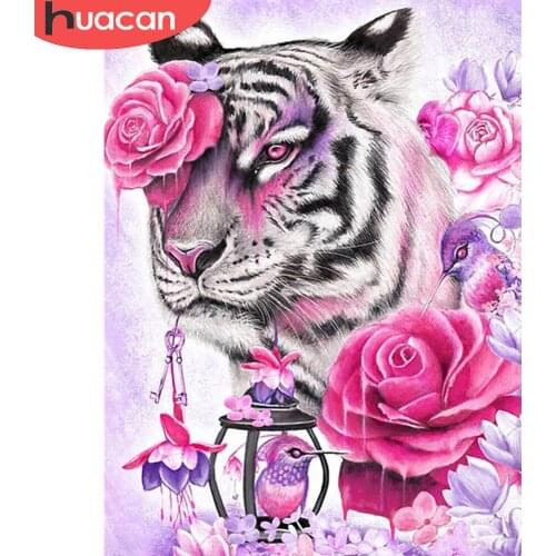 HUACAN Diamond Painting Full Drill Tiger Mosaic Animal Rose Embroidery Flower Cross Stitch Home Decor Diamond Art