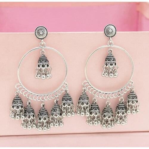 Indian Jhumka Earrings for Women Vintage Silver Color Metal Geometric Bells Statement Earring Boho Wedding Party Jewelry Gift