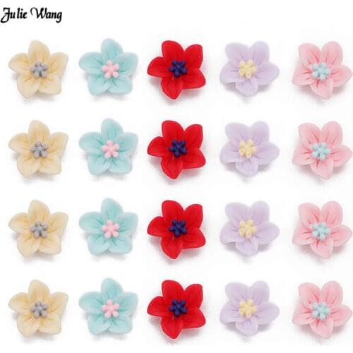 Julie Wang 50pcs Cute Resin Five Petal Flower Flatback Cabochon Charms Scrapbook Phone Decor DIY Accessory Slime Supplies