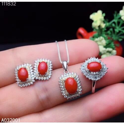 KJJEAXCMY fine jewelry natural red coral 925 sterling silver women gemstone pendant earrings ring set support test lovely