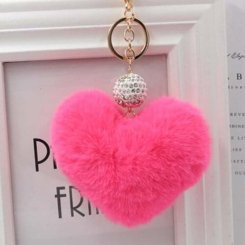 Lovely Heart Keychains Womens Pom Pom Faux Rex Rabbit Fur KeyChain Girl Romantic Bag Hang Car Key Ring Pendant Llaveros S250