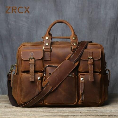 ZRCX Mens Genuine Leather Travel Bag Retro Large-Capacity Handbag Business Cowhide Briefcase Leather Business Trip Computer Bag
