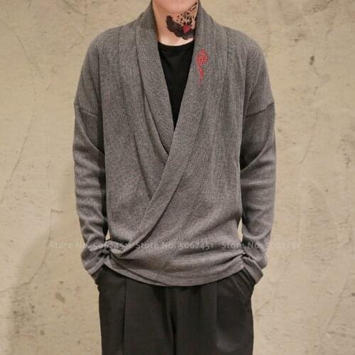 Men Traditional Chinese Sweater Embroidered Hanfu Cardigan Loose Casual Coats Tops Carnival Party Performance Kung Fu Costumes