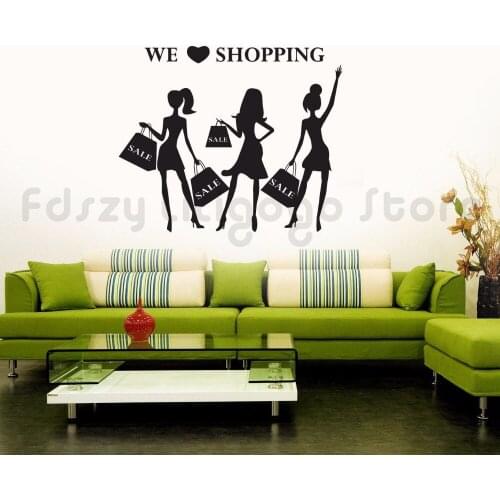 Shop Wall Stickers Removable Shopping Fashion Style Women Girls Vinyl Decals Popular Shopping Mall Window Decor Art Mural F353