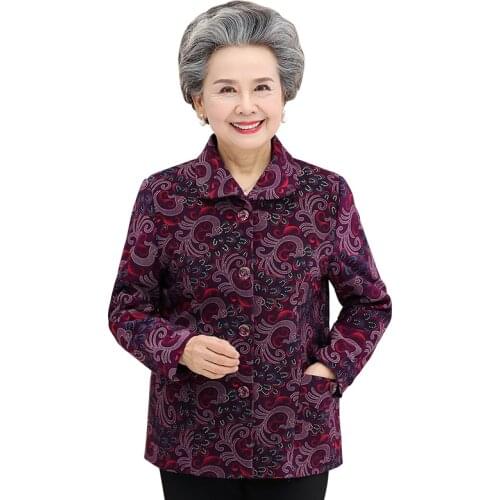 2020 New Middle-aged and Elderly Womens Jackets Spring Autumn Coat Lapel Single-breasted Printed Outwear Grandma Outfit 4XL K80