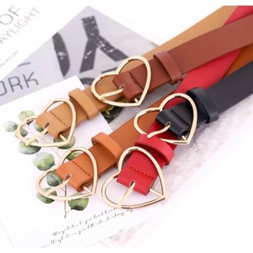 2020 New PU feather Womens Belt Alloy metal Hart Buckle Belts female Solid color Luxury Brand Jeans Waist belt