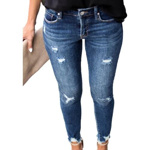 New Mid Waist Skinny Jeans Women Vintage Distressed Denim Pants Holes Destroyed Pencil Pants Casual Trousers summer Ripped Jeans