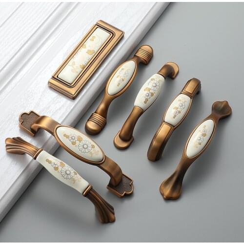 Rural Metal Ceramic Cabinet Drawer Cupboard Wardrobe Handle Knob Coffee Bronze Flowers Type Furniture Pull Door Hardware Factory
