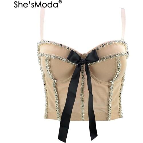ShesModa Mesh Rhinestones Push Up Night Club Bralette Womens Bra Cropped Top Vest Corset Plus Size