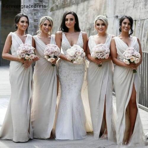 Spring Summer Ivory Colour Bridesmaid Dresses V Neck Side Slit Maid of Honor Wedding Guest Gowns Plus Size