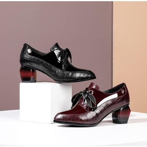 Womens shoes natural leather plus size Women heels Embossed stone cowhide+Patent leather thick high heel shoes for women