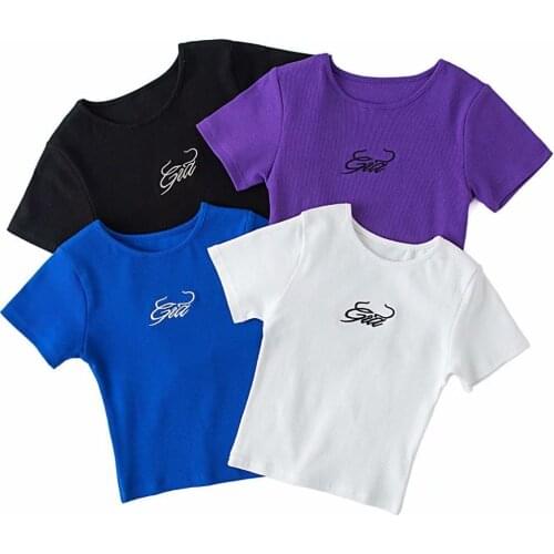 Y2k Womens T-Shirt Crop Top Basic Pulovers O-Neck Gia Letters Embroidered Wrap Cotton Short Sleeves White Black Blue Purple Tee