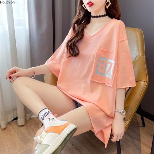 Womens T-shirt Cotton Printed Top Fashion Tees Front and Back V-neck T Shirt Leisure Tops Short Sleeve Plus Size Korean Houthion
