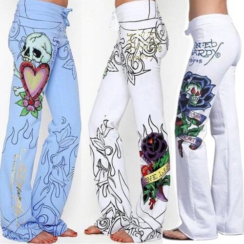 2019 Newest Hot Long Pants Hippie Wide Leg Boho Blue White Trousers Flower Fashion Women Baggy Skull Rose High Waist Printed