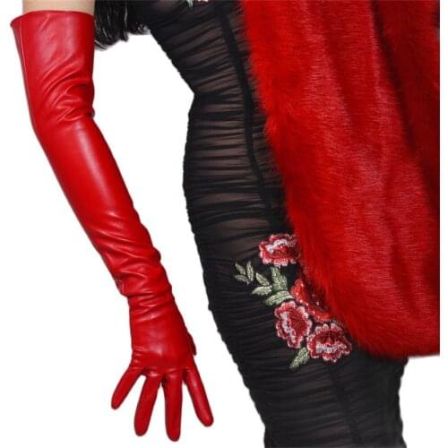 60cm Extra Long Leather Gloves For Women Above The Elbow Made Of Artificial Sheepskin PU Unlined Women Gloves Fashion Red PUDH60