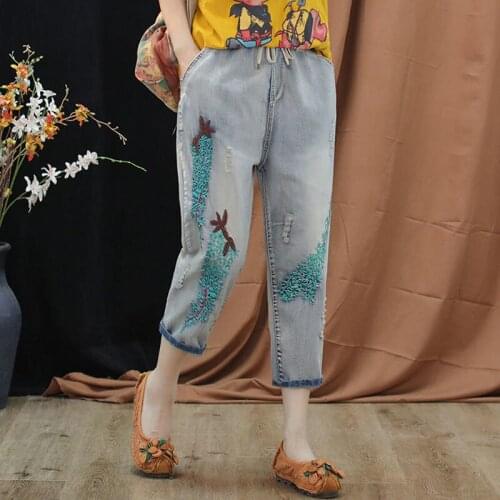 Women 2021 Spring Fashion Floral Embroidered Jeans Female High Waist Denim Trousers Female Retro Hole Loose Harem Pants P03