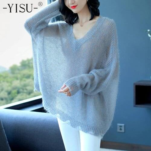 YISU 2018 Autumn Mohair Sweater Loose Thin Sweater Women V Neck Cracked sleeve Knitted sweaters Female Knitwear wool Pullover