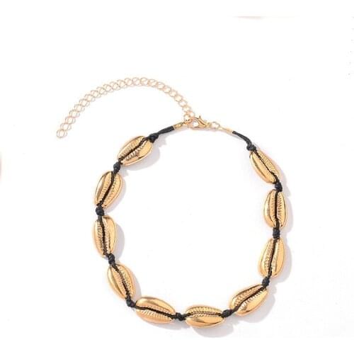 Golden Silver Plated Metallic Shell Beads Black Rope Short Strand Necklace Choker for Women