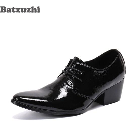 Batzuzhi Black Genuine Leather Ankle Boots Handmade Mens Leather Boots Pointed Toe Lace-up 6.5cm Heels Botas Hombre, EU38-EU46