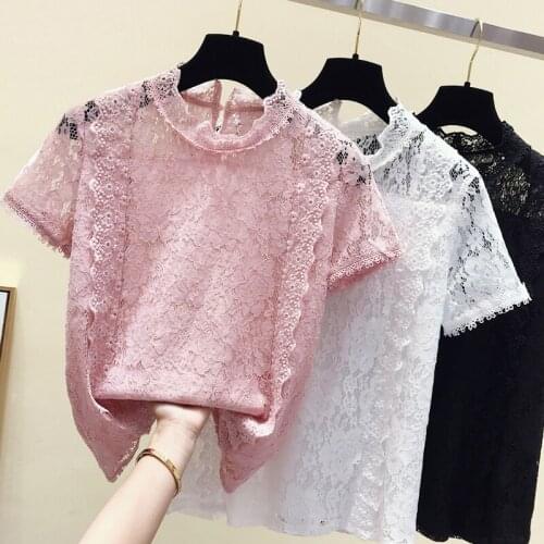 Short Sleeve Blouse Women Blusas Mujer De Moda 2021 Pink Black White Hollow Lace Blouse Shirt Women Tops Blouses Top Female B516