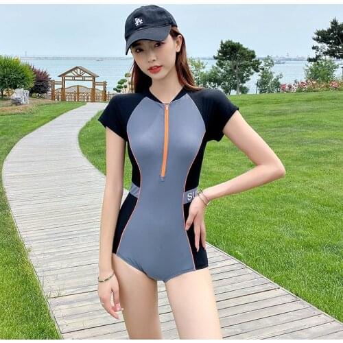 One-piece sports competition swimsuit womens life jackets ladies short-sleeved swimwear diving surfing zipper patchwork