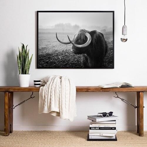 Black and White Highland Cow Photography Poster Wild Animals Art Prints Canvas Painting Wall Pictures for Living Room Home Decor