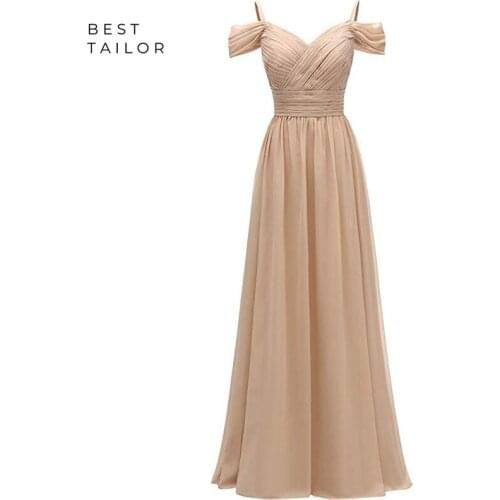 Long Bridesmaid Dresses Champagne Maid of Honor Gowns 2021 Off Shoulder Spaghetti Straps Custom Make Wedding Party Guest Wear