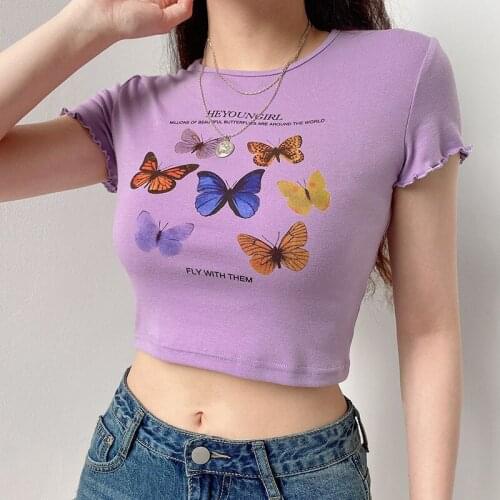 Short navy tight top with white butterfly print short sleeve bottom T-shirt