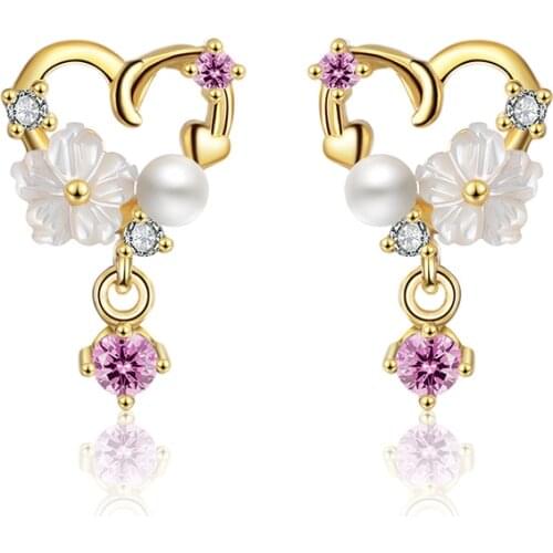 Cute Romantic Heart Flower Stud Earrings For Women Shell Crystal Pearl Detailed Female Wedding Earring Piercing Jewelry Gifts