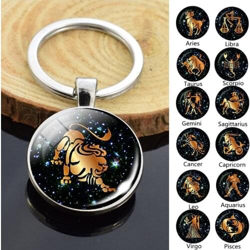 Fashion 12 Constellation Keychain Astrology Jewelry Zodiac Aries Taurus Gemini Cancer Leo Virgo Key Chain Holder Double Side