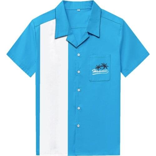 2021 Men Summer Hawaiian Shirt ST126 Embroidery Vintage Retro Cotton Short Sleeve Light Blue Shirts camisas