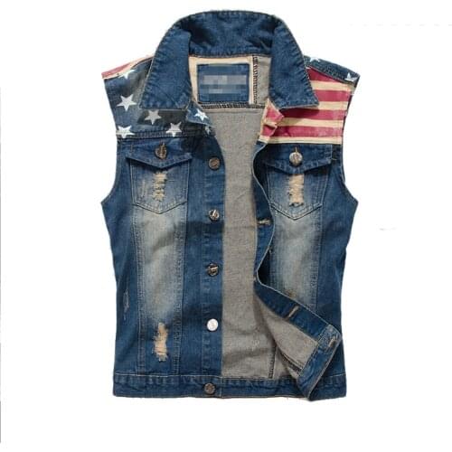 2019 Brand Jacket Tank Spring USA Flag Washed Jeans Mens Denim Vest Men Cowboy Ripped Sleeveless Vintage Vest Plus Size 5XL