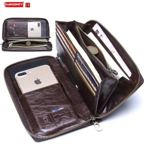 Retro Genuine Leather Mens Wallet Passport Bag Business Clutch Bags Fashion European and American Style Multi-function Leather