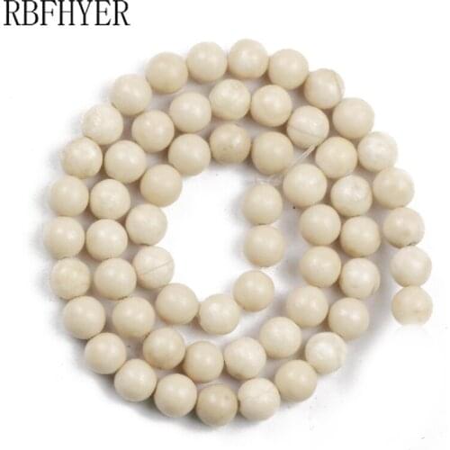 RBFHYER Natural Stone Rice White Ancient Fossils 6/8/10MM Round Loose Beads DIY Fashion Jewelry Bracelet Accessories Necklace