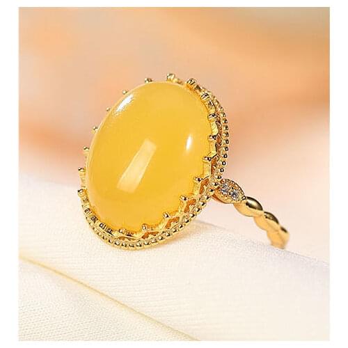 Natural Amber Ring Temperament Wild Creative Court Womens Open Ring Original S925 Sterling Silver Gold Plated