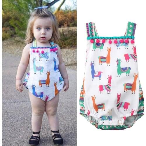 New Baby Girls Romper Cartoon Animals Patterns Sling Back Straps Tie Outfit Hollow Back Button Closure Cute Jumpsuit For Summer